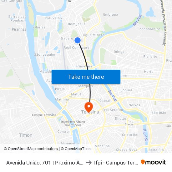Avenida União, 701 | Próximo À Escola Santa Agélica to Ifpi - Campus Teresina Central map