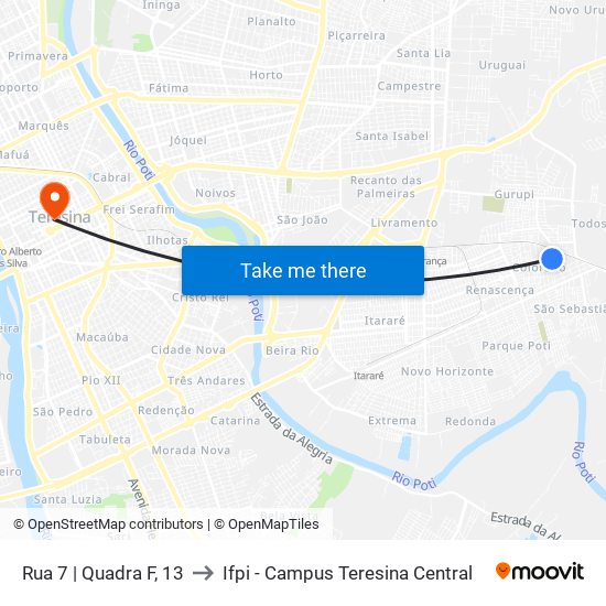 Rua 7 | Quadra F, 13 to Ifpi - Campus Teresina Central map