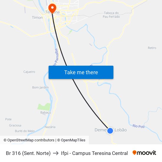 Br 316 (Sent. Norte) to Ifpi - Campus Teresina Central map