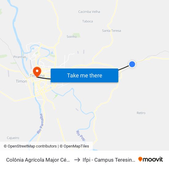 Colônia Agrícola Major César Oliveira to Ifpi - Campus Teresina Central map