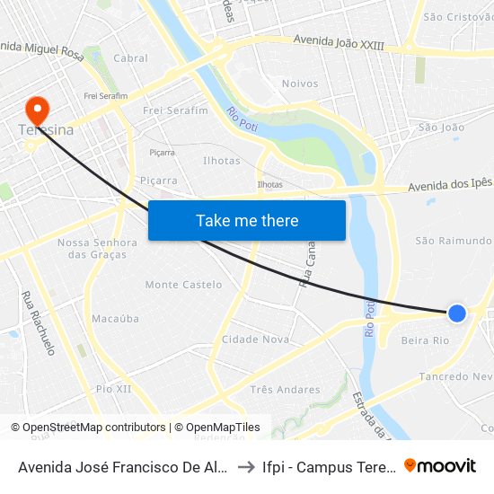 Avenida José Francisco De Almeida Neto, 2116 to Ifpi - Campus Teresina Central map