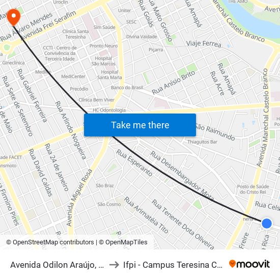 Avenida Odilon Araújo, 1949 to Ifpi - Campus Teresina Central map