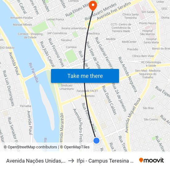 Avenida Nações Unidas, 911b to Ifpi - Campus Teresina Central map