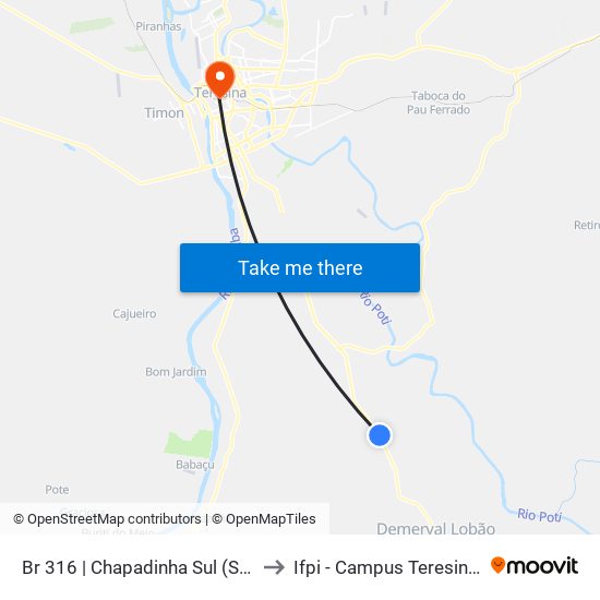 Br 316 | Chapadinha Sul (Sent. Norte) to Ifpi - Campus Teresina Central map
