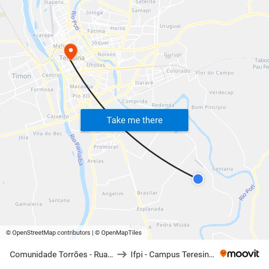 Comunidade Torrões - Rua Tres, 380 to Ifpi - Campus Teresina Central map