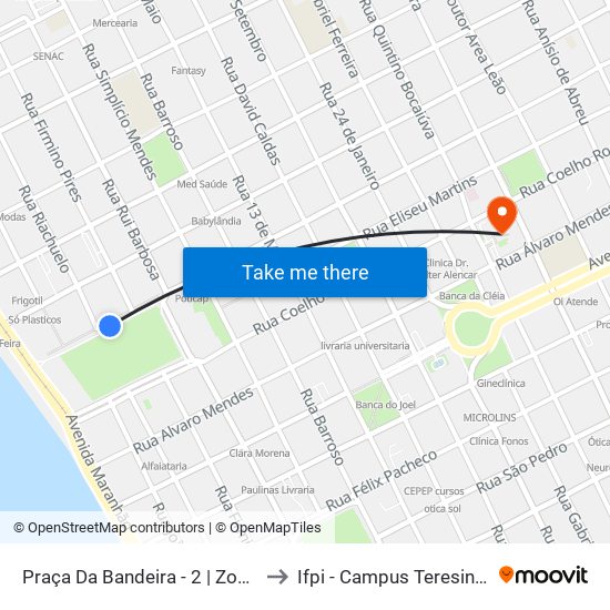 Praça Da Bandeira - 2 | Zona Sudeste to Ifpi - Campus Teresina Central map