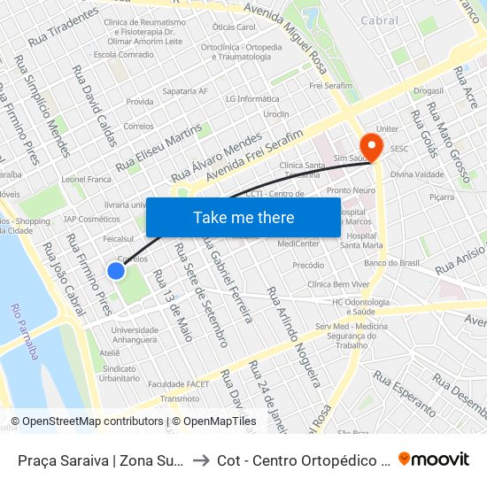Praça Saraiva | Zona Sul E Norte to Cot - Centro Ortopédico Teresina map