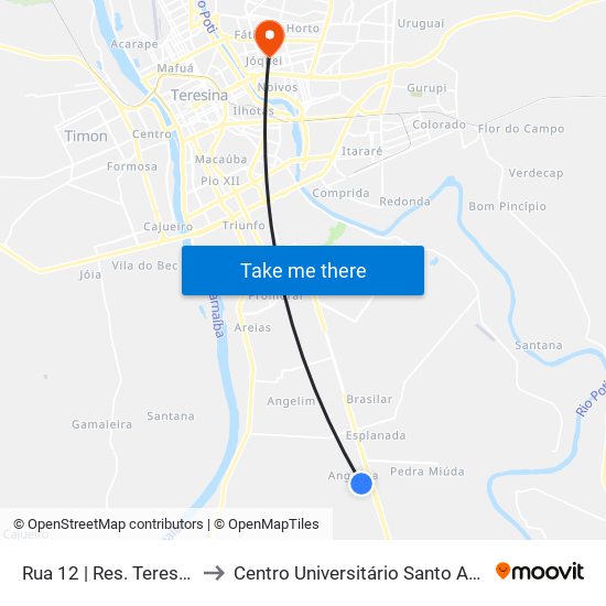 Rua 12 | Res. Teresina Sul to Centro Universitário Santo Agostinho map