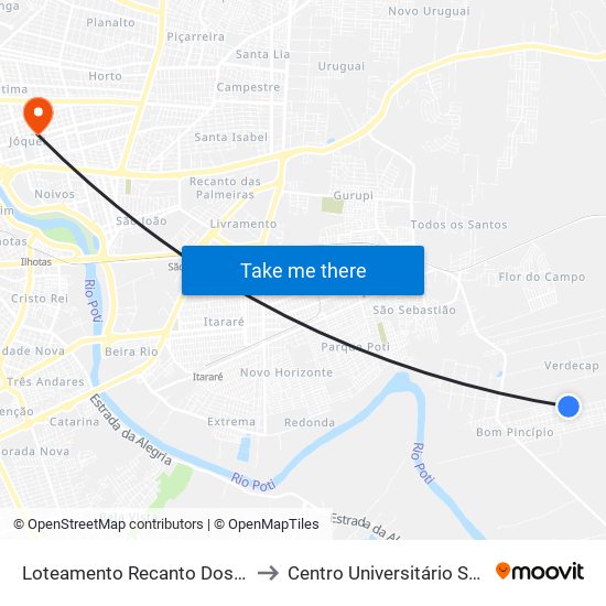 Loteamento Recanto Dos Passaros Qu C1 to Centro Universitário Santo Agostinho map