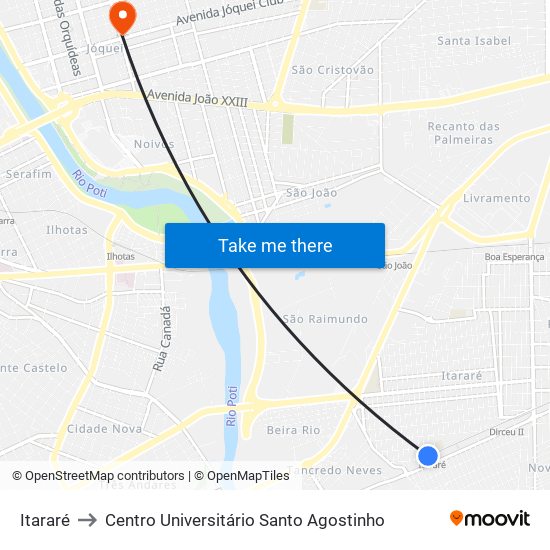 Itararé to Centro Universitário Santo Agostinho map