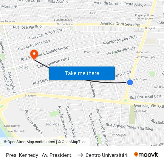 Pres. Kennedy | Av. Presidente Kennedy - Sentido Bairro to Centro Universitário Santo Agostinho map