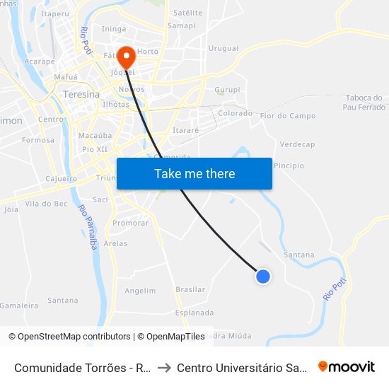 Comunidade Torrões - Rua Quatro, 20 to Centro Universitário Santo Agostinho map