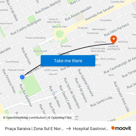 Praça Saraiva | Zona Sul E Norte to Hospital Gastrovita map