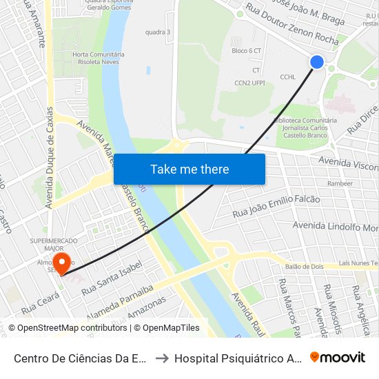 Centro De Ciências Da Educação - Cce 12 to Hospital Psiquiátrico Areolino De Abreu map