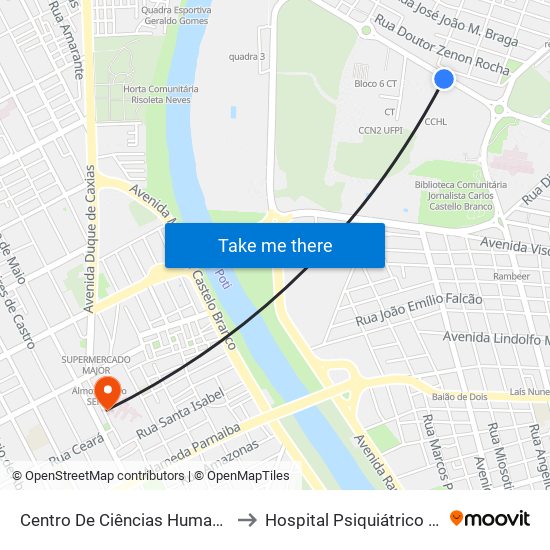 Centro De Ciências Humanas E Letras - Cchl 11 to Hospital Psiquiátrico Areolino De Abreu map