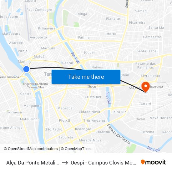 Alça Da Ponte Metalica to Uespi - Campus Clóvis Moura map