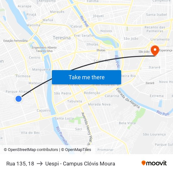 Rua 135, 18 to Uespi - Campus Clóvis Moura map