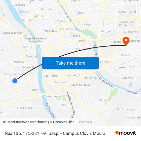 Rua 135, 175-281 to Uespi - Campus Clóvis Moura map