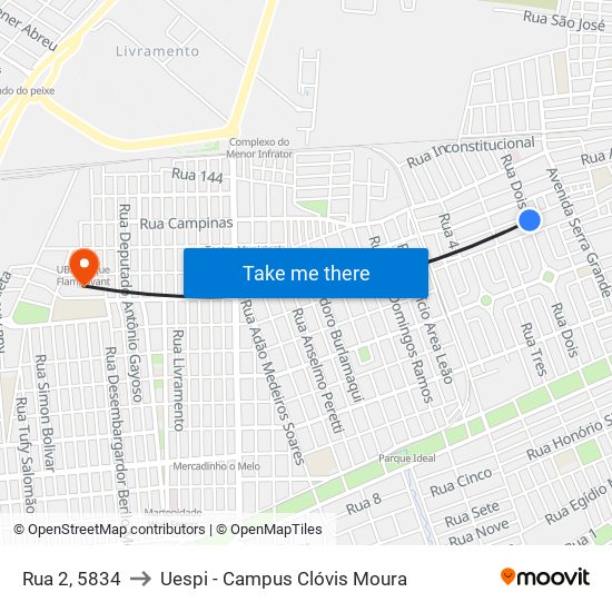 Rua 2, 5834 to Uespi - Campus Clóvis Moura map
