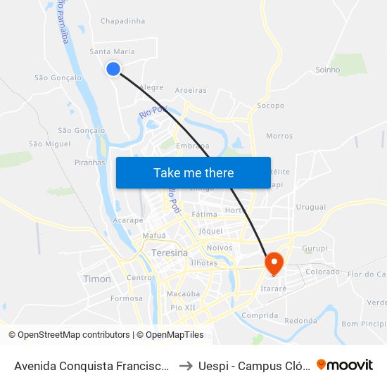 Avenida Conquista Francisco Nogueira 07 to Uespi - Campus Clóvis Moura map