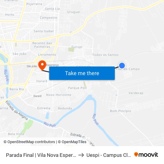 Parada Final | Vila Nova Esperança, Parada 04 to Uespi - Campus Clóvis Moura map