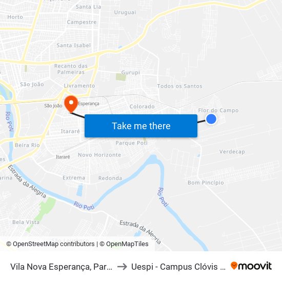 Vila Nova Esperança, Parada 01 to Uespi - Campus Clóvis Moura map