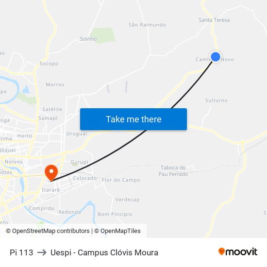 Pi 113 to Uespi - Campus Clóvis Moura map