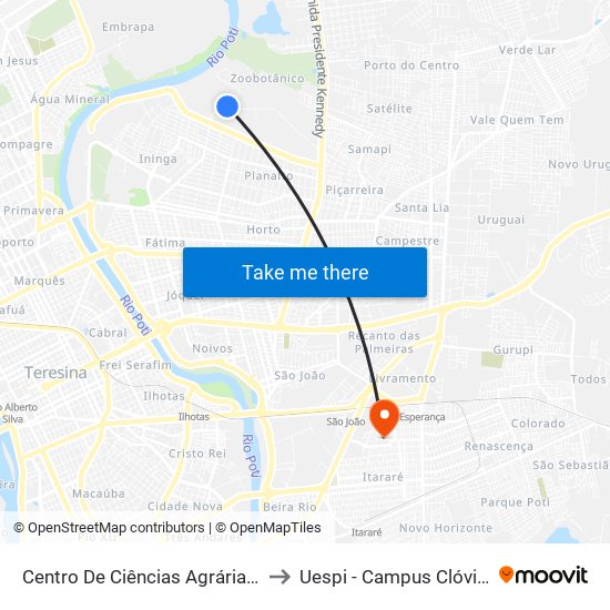 Centro De Ciências Agrárias - Cca 14 to Uespi - Campus Clóvis Moura map