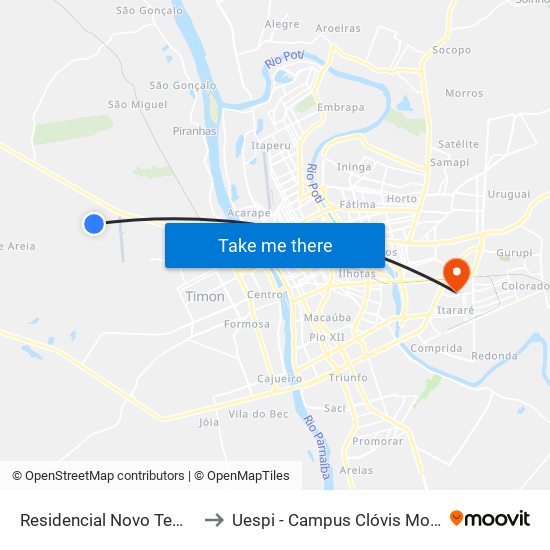 Residencial Novo Tempo to Uespi - Campus Clóvis Moura map