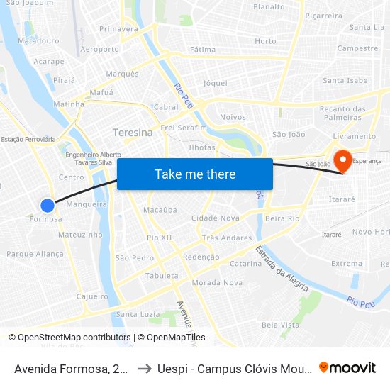 Avenida Formosa, 250 to Uespi - Campus Clóvis Moura map