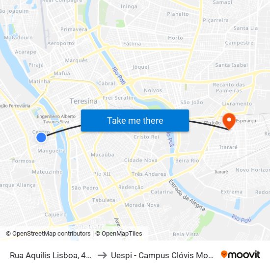 Rua Aquilis Lisboa, 495 to Uespi - Campus Clóvis Moura map