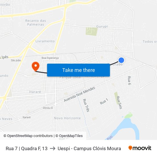 Rua 7 | Quadra F, 13 to Uespi - Campus Clóvis Moura map