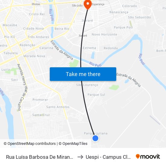 Rua Luísa Barbosa De Miranda, 5526-5998 to Uespi - Campus Clóvis Moura map