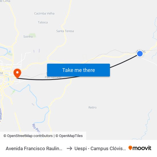 Avenida Francisco Raulino", 1-295 to Uespi - Campus Clóvis Moura map