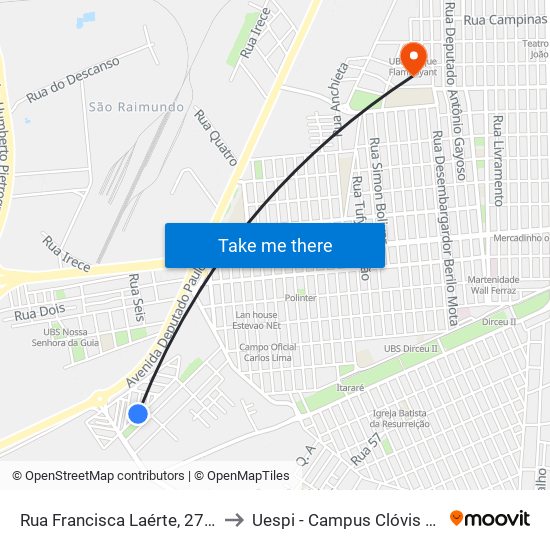 Rua Francisca Laérte, 279-335 to Uespi - Campus Clóvis Moura map