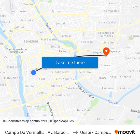Campo Da Vermelha | Av. Barão De Gurguéia - Sentido Bairro to Uespi - Campus Clóvis Moura map