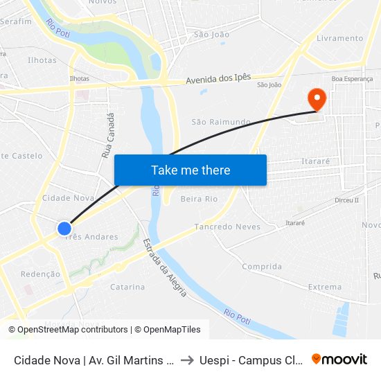 Cidade Nova | Av. Gil Martins - Sentido Bairro to Uespi - Campus Clóvis Moura map