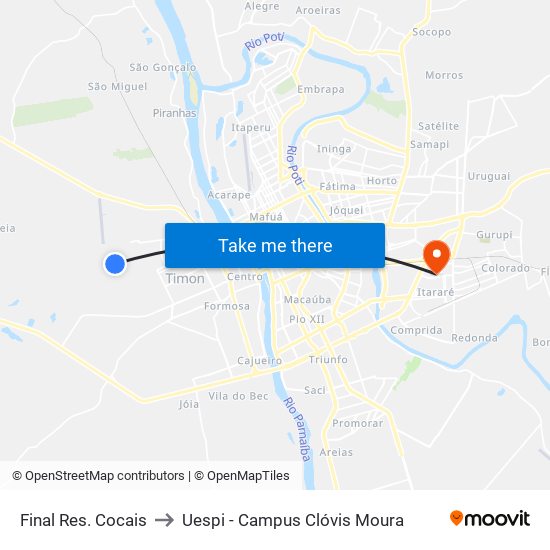 Final Res. Cocais to Uespi - Campus Clóvis Moura map
