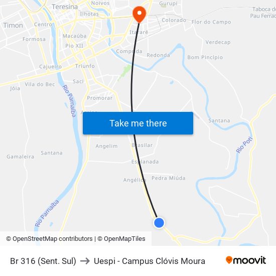 Br 316 (Sent. Sul) to Uespi - Campus Clóvis Moura map