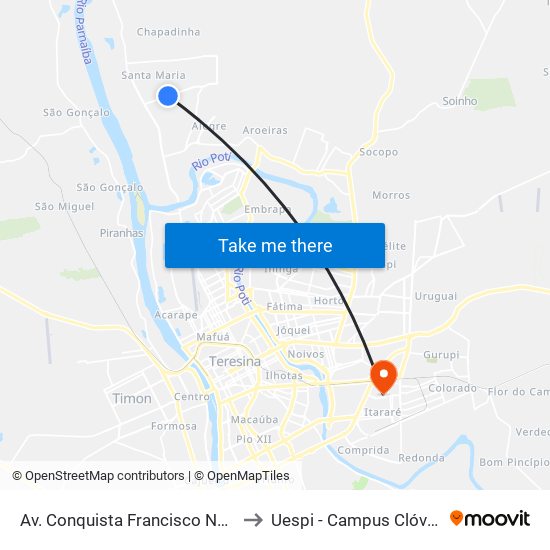 Av. Conquista Francisco Nogueira, 20 to Uespi - Campus Clóvis Moura map