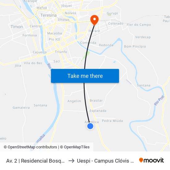 Av. 2 | Residencial Bosque Sul to Uespi - Campus Clóvis Moura map