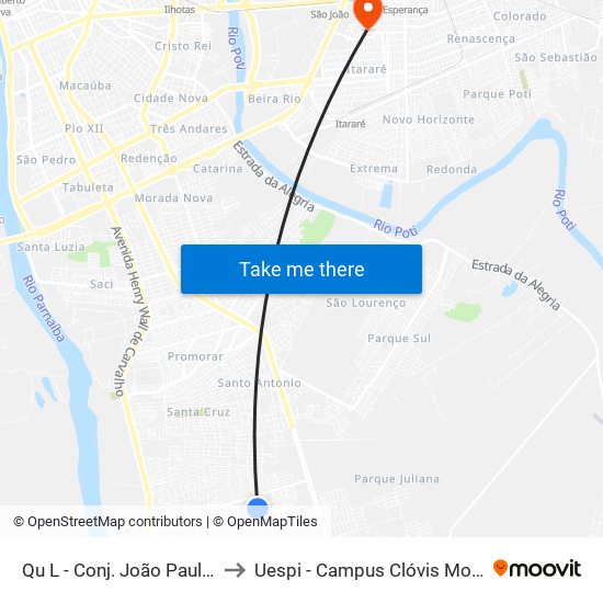 Qu L - Conj. João Paulo II to Uespi - Campus Clóvis Moura map