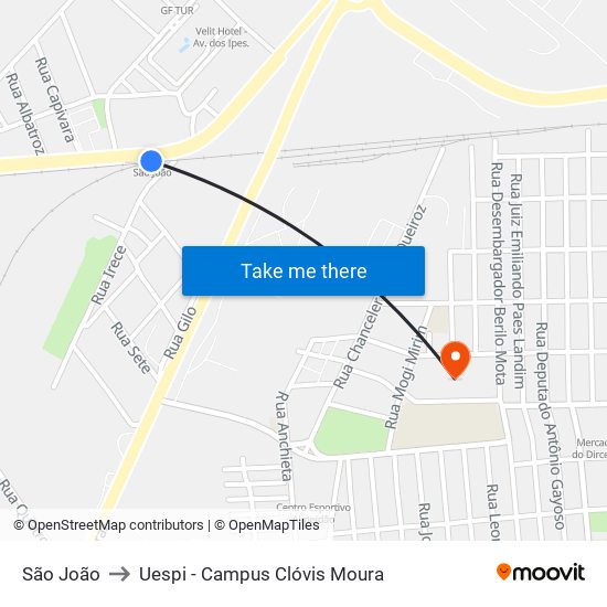 São João to Uespi - Campus Clóvis Moura map