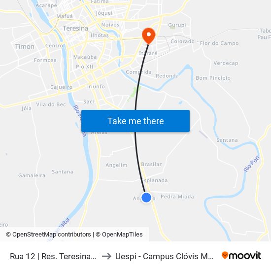Rua 12 | Res. Teresina Sul to Uespi - Campus Clóvis Moura map