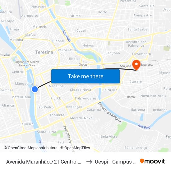 Avenida Maranhão,72 | Centro Administrativo Bloco 1 to Uespi - Campus Clóvis Moura map
