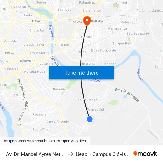Av. Dr. Manoel Ayres Neto, 4780 to Uespi - Campus Clóvis Moura map