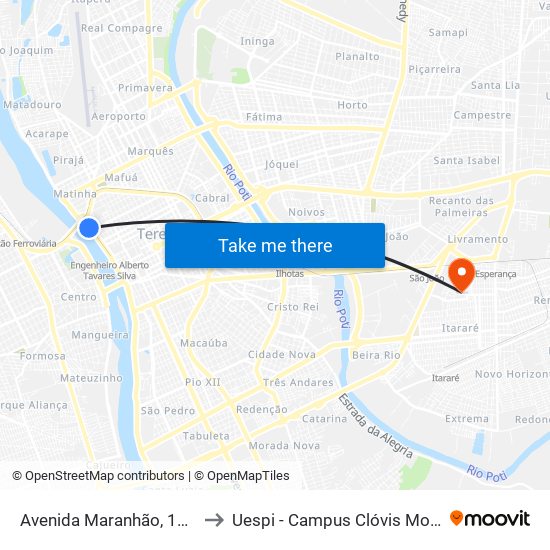Avenida Maranhão, 1465 to Uespi - Campus Clóvis Moura map