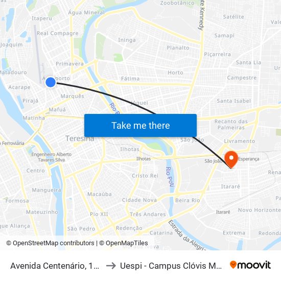 Avenida Centenário, 1200 to Uespi - Campus Clóvis Moura map