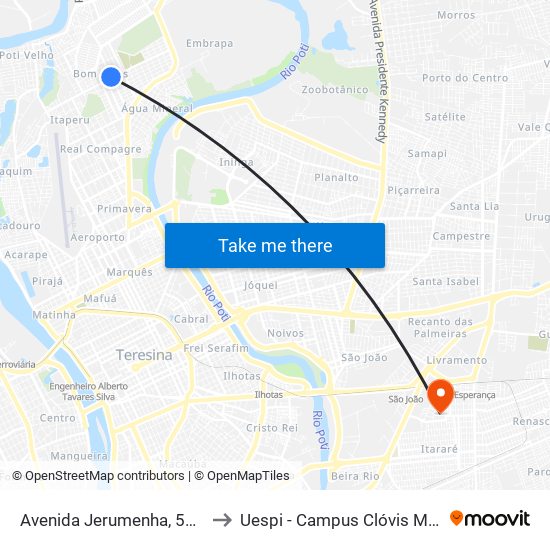 Avenida Jerumenha, 5115a to Uespi - Campus Clóvis Moura map