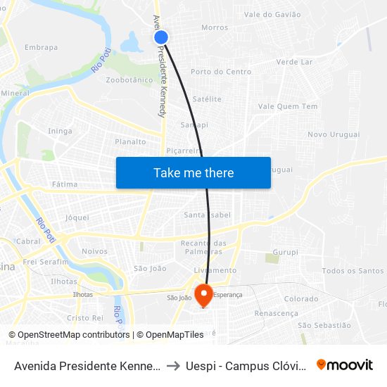 Avenida Presidente Kennedy, 5492 to Uespi - Campus Clóvis Moura map